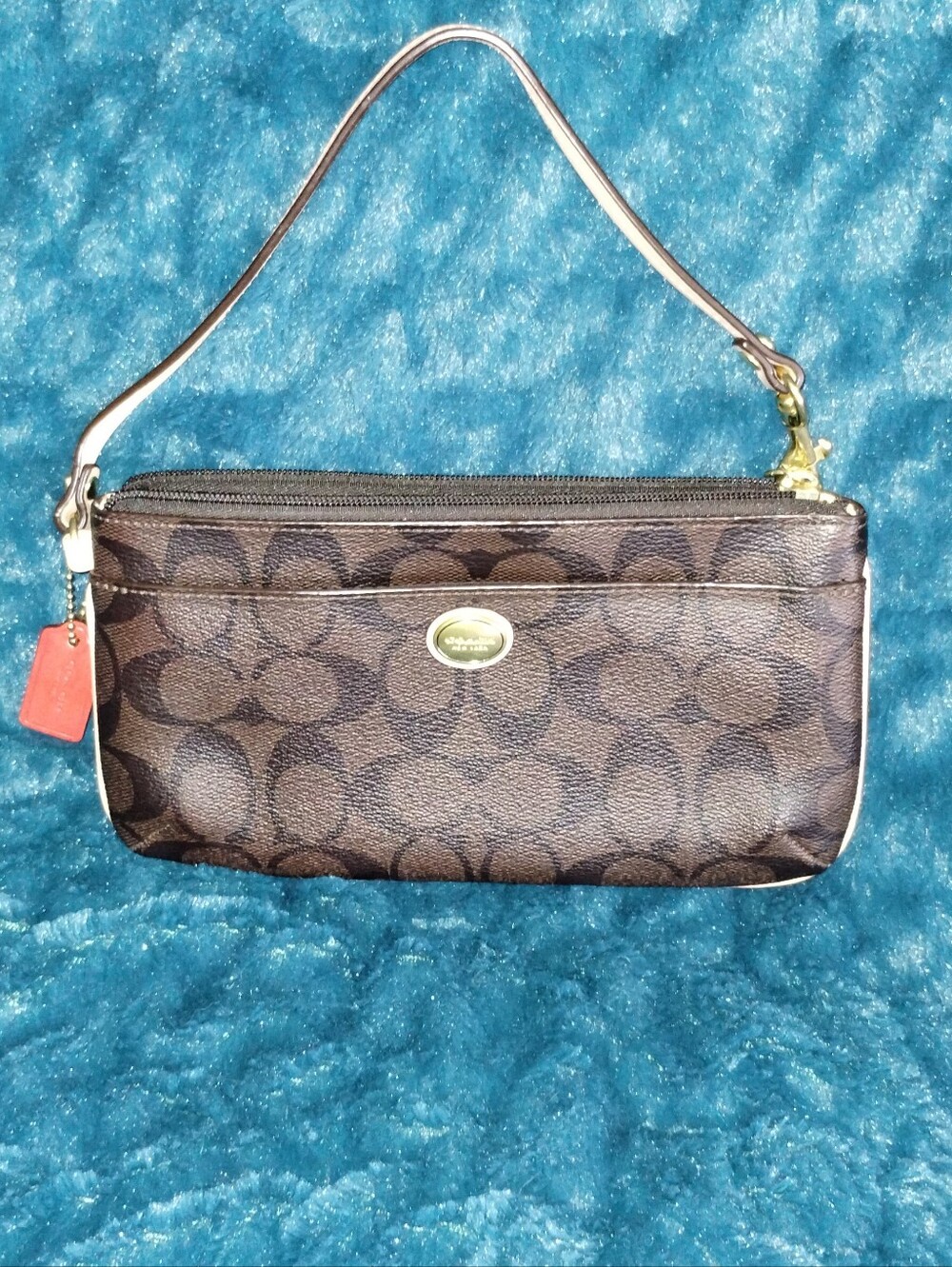 Coach Signature C Brown Wristlet Wallet Detachable Strap Card Slots Hang Tag